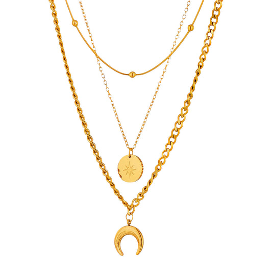 Moonlit Layers – 18K Gold-Plated Stainless Steel Triple Chain Necklace
