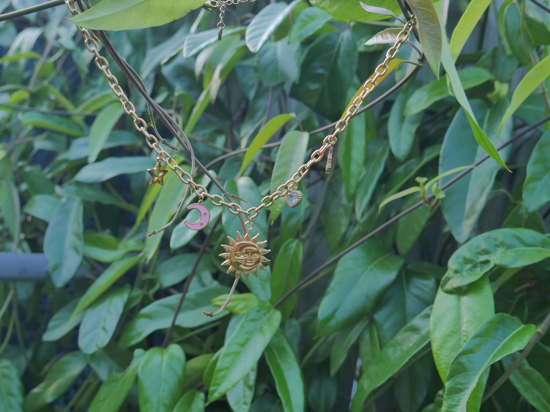 Gold necklace with charms on a branch with green leaves