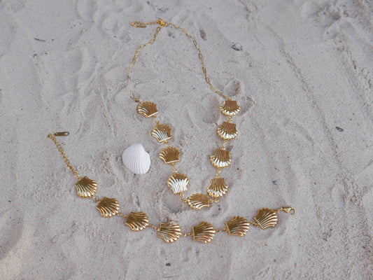 Gold shell necklace and bracelet on sandy surface