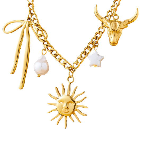 bull sun charm bow necklace